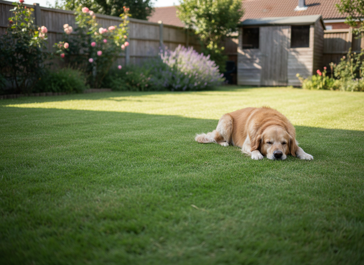 A clean, spotless garden lawn after dog waste removal with a dog resting on it